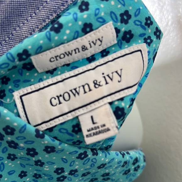 CROWN and IVY Mens Blue Floral Collared Button-Down Large Shirt - Picture 8 of 10